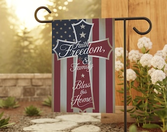 Patriotic Cross Faith Freedom Family Flag, Bless This Home Garden Banner, American Flag Christian Cross, Christian Home Decor, USA Flag Art