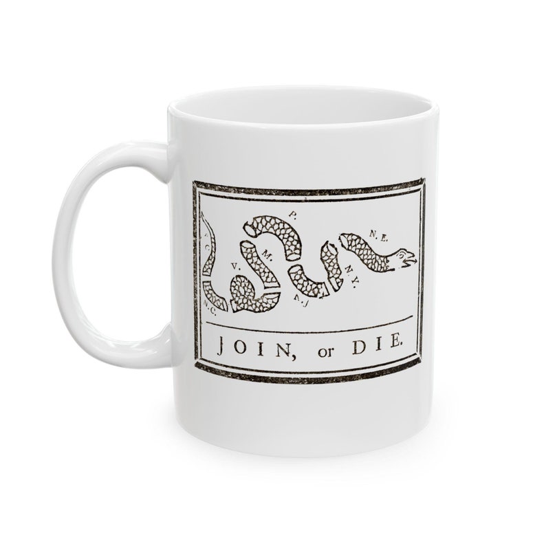 Join or Die Snake Mug, Benjamin Franklin Design, Revolutionary War Era Gifts, American History Coffee Cup, Freedom and Liberty Mug, USA Mug image 1