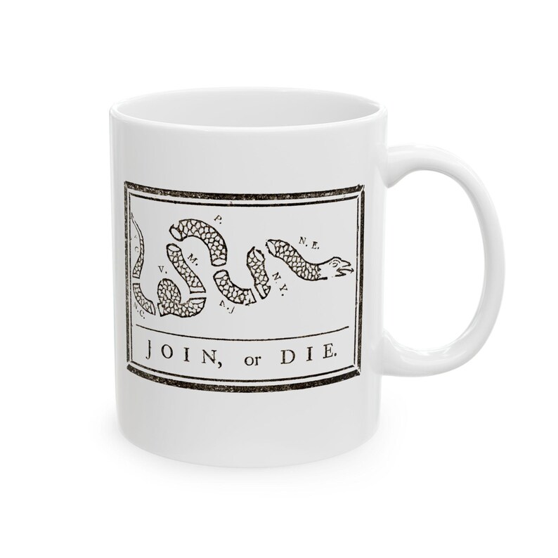 Join or Die Snake Mug, Benjamin Franklin Design, Revolutionary War Era Gifts, American History Coffee Cup, Freedom and Liberty Mug, USA Mug image 2