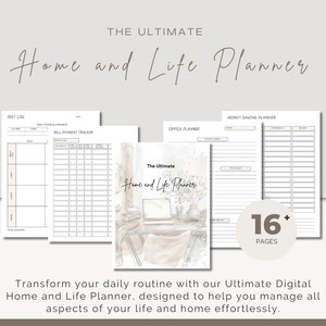 Può includere: Un planner digitale con uno sfondo ad acquerello che presenta un laptop, libri e una pianta. Il planner è intitolato "The Ultimate Home and Life Planner" e ha più di 16 pagine. Il planner include sezioni per un diario alimentare, un tracker di pagamento delle bollette, un planner di risparmio e un planner per l'ufficio.