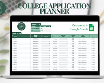 Puede incluir: Una pantalla de computadora portátil que muestra una hoja de cálculo con el título "College Application Planner". La hoja de cálculo está organizada en columnas con encabezados como "Escuela", "Calificación personal", "Probabilidad", "Fecha límite", "Estado de la solicitud", "Aplicación común?", "Enlace a la solicitud" y "Documentos". La hoja de cálculo está diseñada para ayudar a los estudiantes a organizar sus solicitudes universitarias.