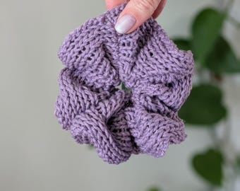 Purple Knit Scrunchie: Handmade Cotton Linen Hair Tie