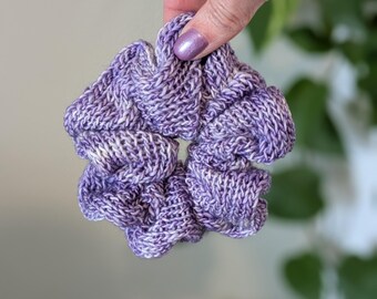 Hand Knit Purple Scrunchie: Merino Wool & Linen Hair Tie