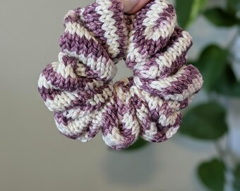 Hand Knit Purple Striped Silk Scrunchie: Merino Wool Hair Tie