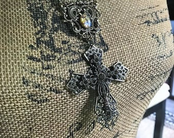 Pendant Necklace Fantasy Medieval Renaissance Filigree with faux opal and cross