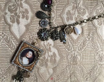 Pendant Necklace Steampunk Fantasy Victorian Renaissance Framed Portait and Assemblage