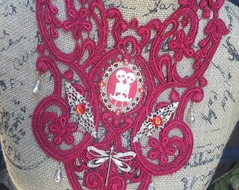 Bib Necklace Red Lace Steampunk Fantasy Goth Victorian Renaissance Twins Cameo Dragonfly Filigree