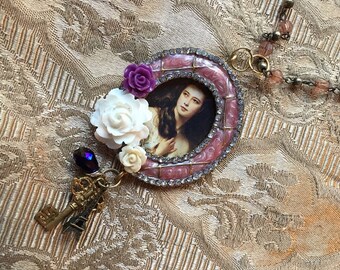 Pendant Necklace Steampunk Fantasy Victorian Renaissance Frame Portrait Assemblage