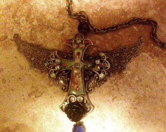 Steampunk Art Deco Boho Folk Winged Cross Necklace