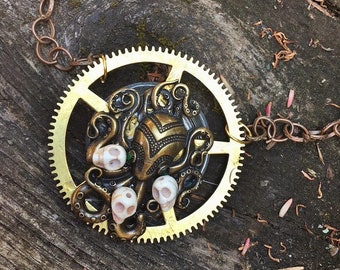Pendant Necklace Steampunk Fantasy Octopus Cthulu Brass Gears and Skulls