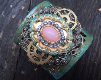 Steampunk Victorian Fantasy Wide Verdigris Cuff Pink Stone