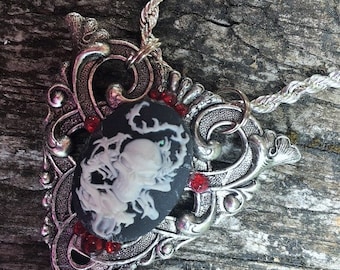 Pendant Necklace Fantasy Gothic Medieval Celtic Dragon Skull Cameo Silver