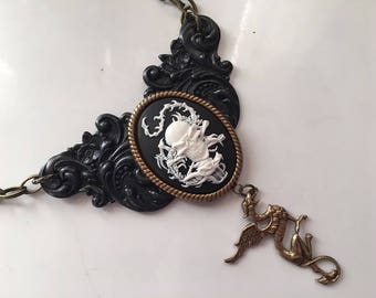 Collar Necklace Fantasy Gothic Pirate Dragon Black and Brass with Cameo