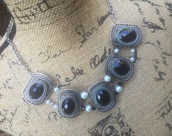 Black silver pearl crystal Celtic medieval renaissance gothic fantasy bib necklace