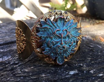 Cuff Bracelet Fantasy Gypsy Celtic Medieval Brass Green Man