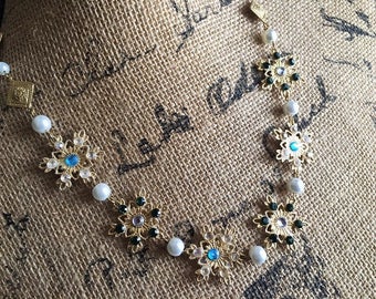 Necklace Filigree Snowflake Chain Medieval Renaissance Fantasy with White and Green Rhinestones Pearls Gold Plated Medallions