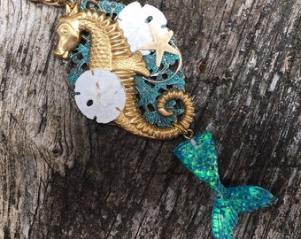 Pendant Necklace Fantasy Pirate Mermaid Tail and Seahorse