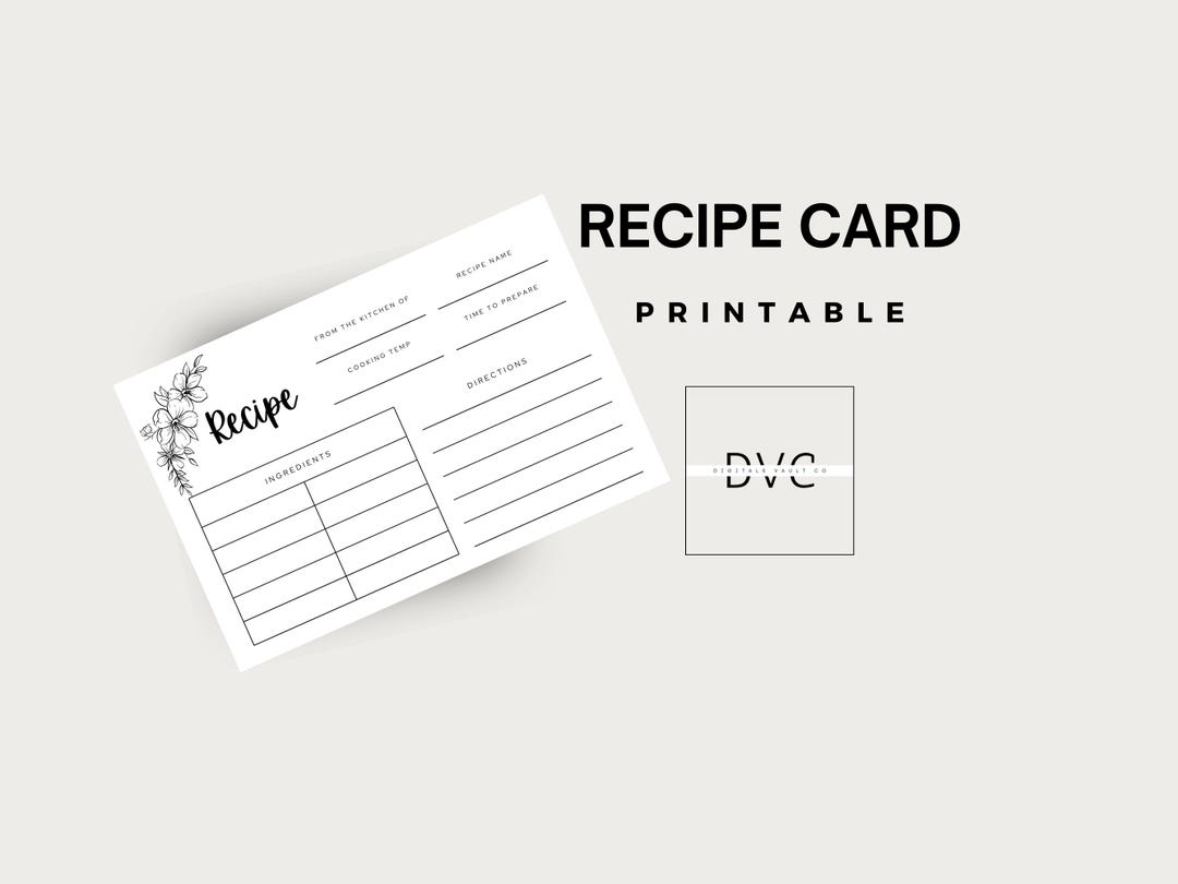 Blank Recipe Card PDF Printable for Home Cooks and Bakers Minimal ...