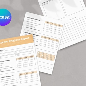 Plantilla de informe de progreso para guarderías Centros de cuidado infantil Maestros de preescolar Desarrollo infantil Informe para padres Descarga digital Editable en Canva