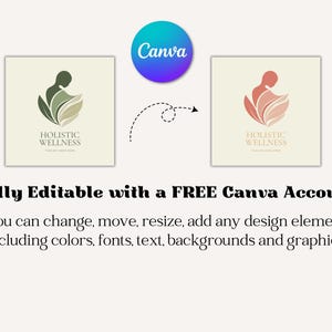 Peut inclure: Image pr&eacute;sentant deux logos pour "Holistic Wellness", avec un motif de silhouette humaine et de feuilles. Le texte "Enti&egrave;rement modifiable avec un compte Canva GRATUIT" est affich&eacute;, ainsi que des instructions d'&eacute;dition.