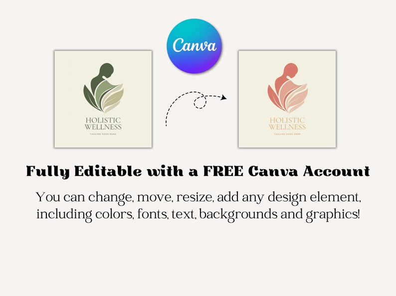 Peut inclure: Image pr&eacute;sentant deux logos pour "Holistic Wellness", avec un motif de silhouette humaine et de feuilles. Le texte "Enti&egrave;rement modifiable avec un compte Canva GRATUIT" est affich&eacute;, ainsi que des instructions d'&eacute;dition.