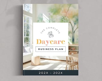 Plantilla de plan de negocios prediseñada para guardería, editable en Canva. Plan de inicio profesional para guarderías. Finanzas, marketing y operaciones.