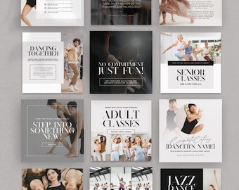 Paquete de plantillas de Instagram para estudios de danza: diseño de marca para redes sociales para instructores y clases de baile. Publicaciones modernas editables en Canva.