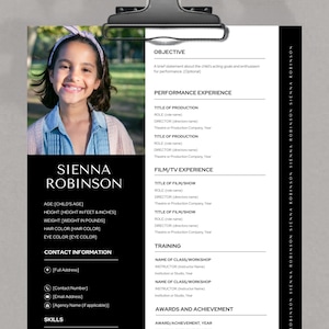 CV-mall för barnskådespelare, CV för professionellt barnskådespeleri, CV för audition, CV för ung artist, casting på bio, redigerbar i Canva