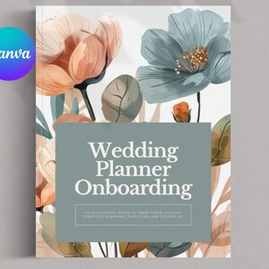 Può includere: Una copertina per un documento di onboarding per wedding planner con illustrazioni floreali in stile acquerello nei toni del pesca, blu e verde. Un rettangolo centrale verde salvia mostra il testo bianco Wedding Planner Onboarding.