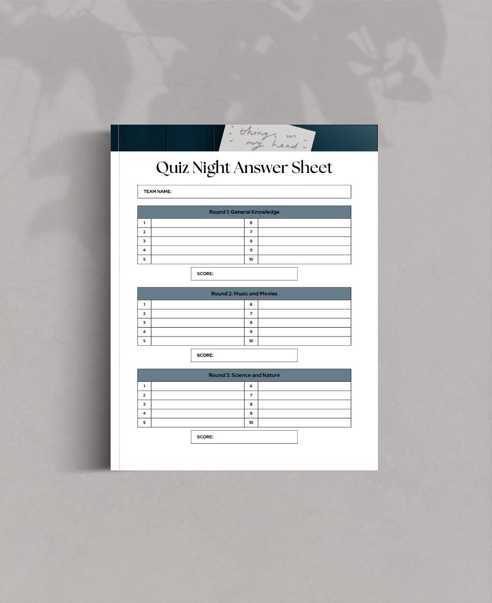 Quiz Night Answers Sheet PDF Printable Trivia Response Sheet for Pub ...