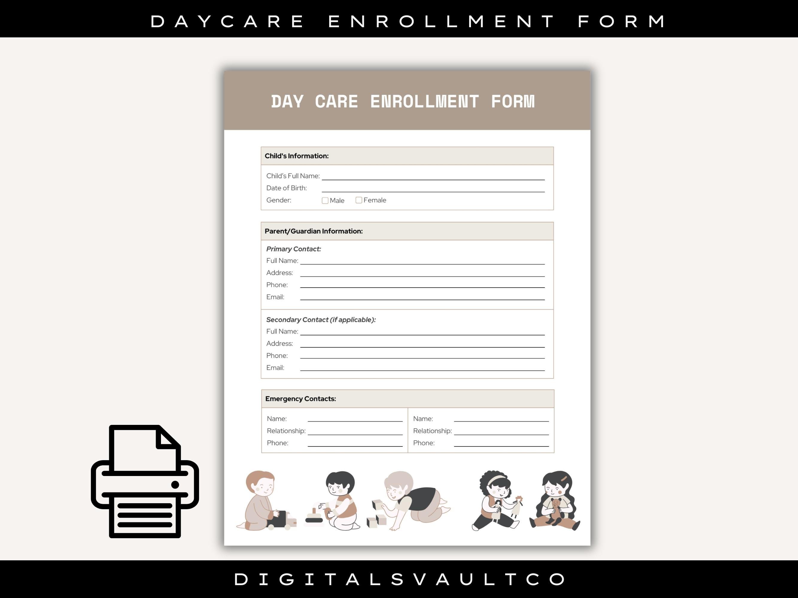 Daycare Enrolment Form Printable Childcare Registration Intake Sheet ...
