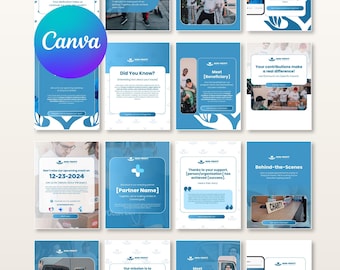 Op de afbeelding: Een verzameling van zestien blauw-witte social media sjablonen voor non-profitorganisaties, met tijdelijke aanduidingen voor tekst, foto's en logo's. De ontwerpen bevatten diverse lay-outs voor aankondigingen, vrijwilligers en evenementen.