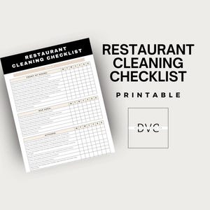 Könnte beinhalten: Eine druckbare Restaurant-Reinigungscheckliste mit Abschnitten für den Gastraum, die Bar und die Küche. Jeder Abschnitt enthält eine Liste von Aufgaben, die täglich, wöchentlich und monatlich erledigt werden müssen. Die Checkliste soll Restaurants dabei helfen, ein sauberes und hygienisches Umfeld zu schaffen.
