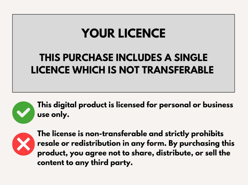 May include: Image with text: "YOUR LICENCE" and "THIS PURCHASE INCLUDES A SINGLE LICENCE WHICH IS NOT TRANSFERABLE." Includes a green checkmark and a red X. Text states the license is for personal or business use only and is non-transferable.