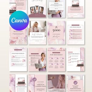 May include: A collection of fifteen digital social media templates featuring a soft pink and white watercolor floral theme. The layouts include text headers such as Masterclass, Motivation, 5000 Subscribers, and For Web Design, alongside placeholders for images and laptops.