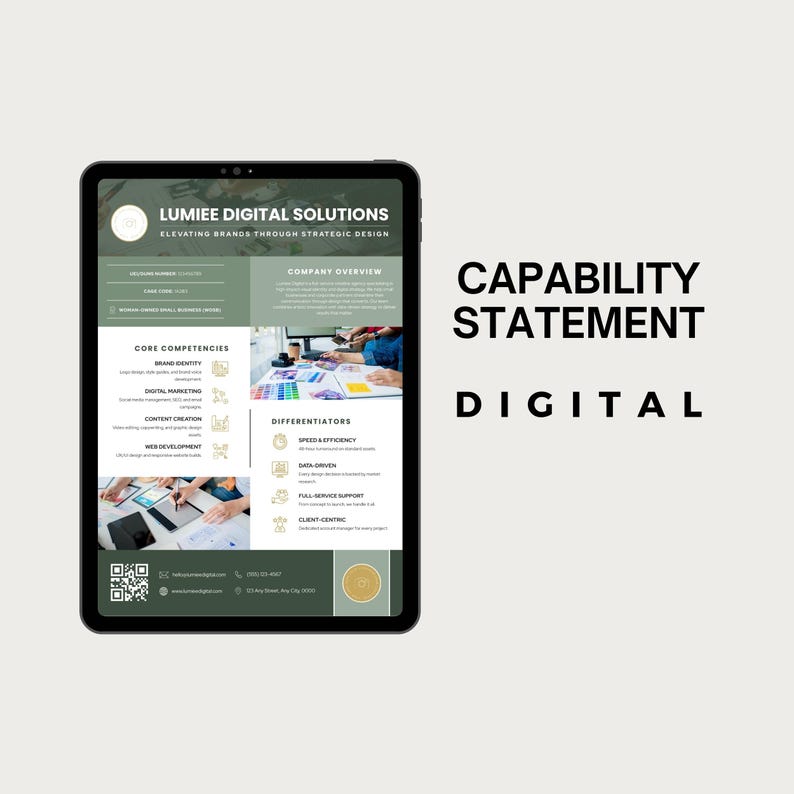 May include: A digital tablet displaying a "Capability Statement" with the text "Lumiee Digital Solutions" and "Elevating Brands Through Strategic Design." The statement includes sections on core competencies and differentiators, with the word "Digital" below.