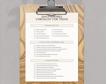 Checklist dagelijkse klusjes voor tieners pdf om verantwoordelijkheid en levensvaardigheden op te bouwen Afdrukbare planner voor huishoudelijke taken