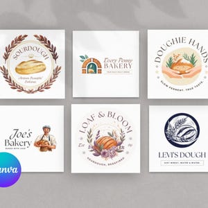Puede incluir: Una colección de seis diseños de logotipos de panadería cuadrados con ilustraciones de pan, trigo y hornos. Los logotipos incluyen textos como Sourdough, Every Penny Bakery, Doughie Hands, Joe's Bakery, Loaf & Bloom y Levi's Dough con varios elementos gráficos.
