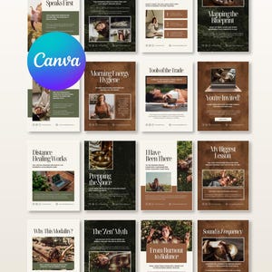 May include: A collection of fifteen digital social media templates featuring earthy brown and dark green tones, white serif typography, and various photographic inserts depicting energy healing, meditation, and wellness practices.
