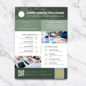 May include: A promotional flyer for Lumiee Digital Solutions, a woman-owned small business. The flyer features a green and white color scheme with the company name and tagline. It lists core competencies and differentiators, along with contact information and a QR code.