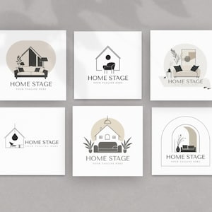 Könnte beinhalten: Sechs quadratische Logo-Designs mit minimalistischen Illustrationen von Wohnräumen. Jedes Design zeigt ein Sofa, einen Stuhl oder andere Möbel, mit dem Text "HOME STAGE" und "YOUR TAGLINE HERE" in einer einfachen Schriftart. Die Farbpalette ist neutral, mit Beige-, Grau- und Schwarztönen.
