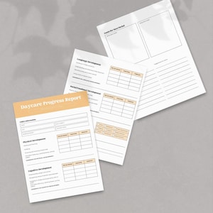 May include: Several white paper documents with orange headers and black text. The documents include sections for "Daycare Progress Report", "Language Development", and "Goals for Next Period". The papers are arranged on a grey surface.