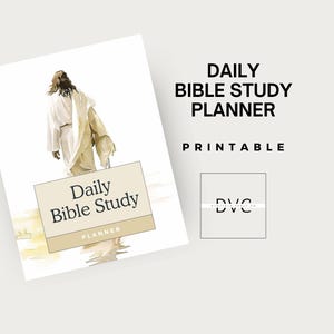 Op de afbeelding: Een afdrukbare Daily Bible Study Planner met een afbeelding van een figuur in witte gewaden. De titel van de planner staat op een beige rechthoek, met het woord "PLANNER" eronder. De woorden "DAILY BIBLE STUDY PLANNER PRINTABLE" zijn ook zichtbaar.
