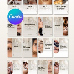 May include: A collection of sixteen informational social media graphics featuring eyelash extension care tips, step-by-step application processes, and before-and-after imagery. The layout includes text overlays, close-up photos of eyes, and tools.