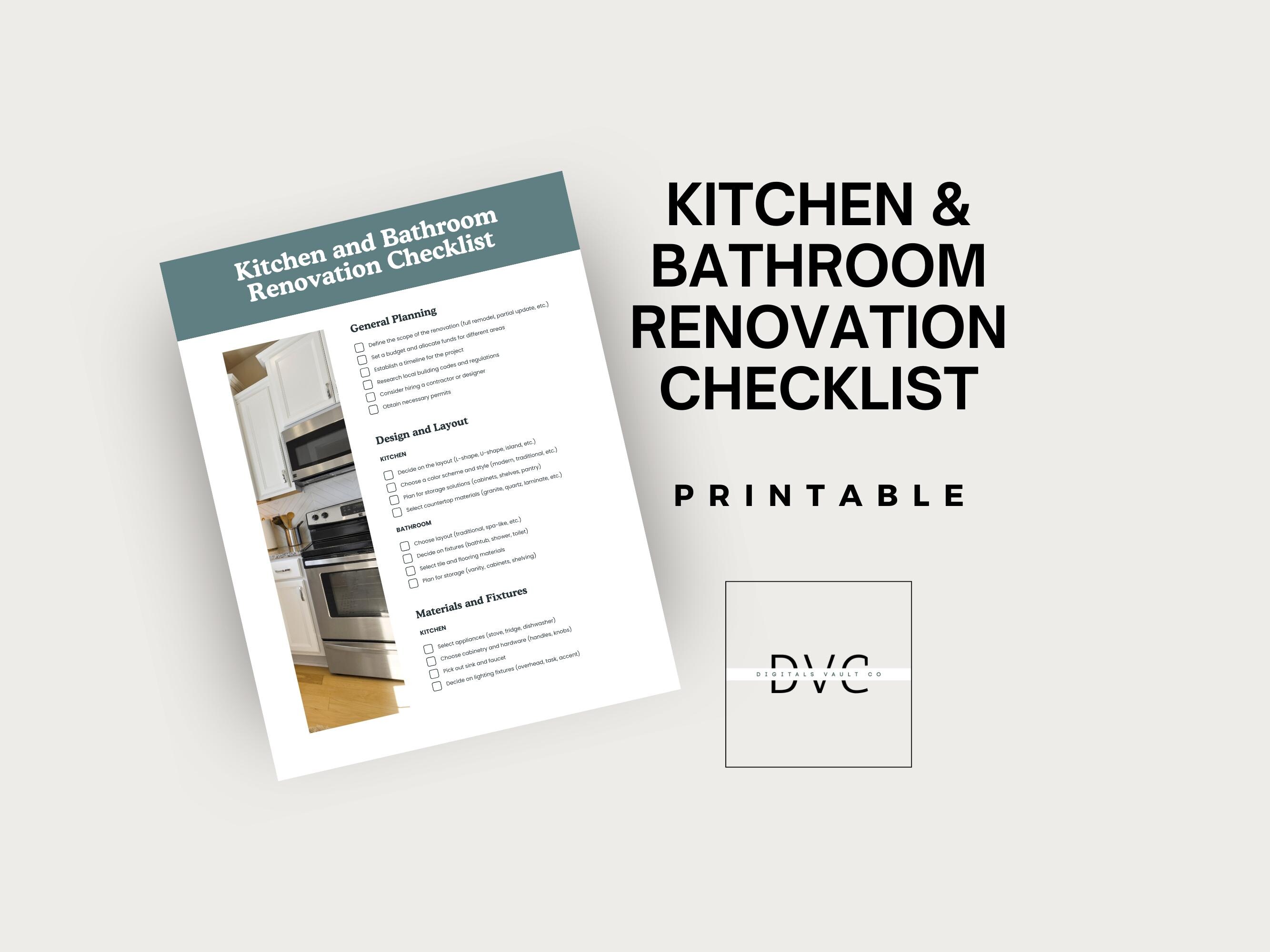 Kitchen and Bathroom Renovation Checklist Printable | Home Remodel Planner | DIY Renovation Guide | Remodeling Organizer | Home Renovation |