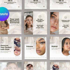 Lash Tech Social Media Karussell-Vorlage für Instagram, Beauty-Business, moderne Swipe-Posts, UI-Kit, Wimpernverlängerungs-Marketing, bearbeitbar in Canva