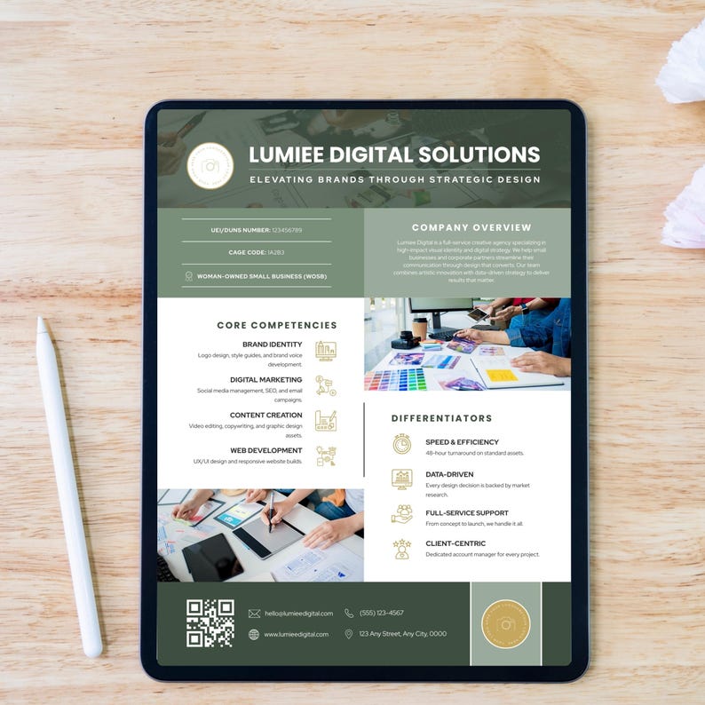 May include: A digital tablet displaying a business presentation for Lumiee Digital Solutions. The presentation highlights core competencies, differentiators, and company overview. A white stylus rests on the side of the tablet.