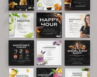 Modèle Instagram d'entreprise de bar Articles modifiables sur la vie nocturne Canva Promotion de cocktails Image de marque Contenu des médias sociaux Téléchargement numérique