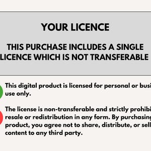 Peut inclure: Image avec le texte "YOUR LICENCE" et "THIS PURCHASE INCLUDES A SINGLE LICENCE WHICH IS NOT TRANSFERABLE." Comprend une coche verte et une croix rouge. Le texte explique la licence du produit num&eacute;rique.