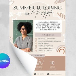 以下が含まれることがあります： Summer Tutoring by Ms. Appleのチラシ。教師の写真、読書、ライティング、数学などのクラスリスト、経験や連絡先情報のセクションが含まれており、ベージュとブラウンの配色でデザインされています。